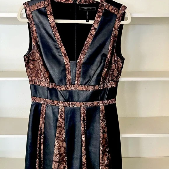3/4 sleeve faux leather dress Faux Leather Belted Dress with Ruched Sleeves Burnt Orange / XL main image 0